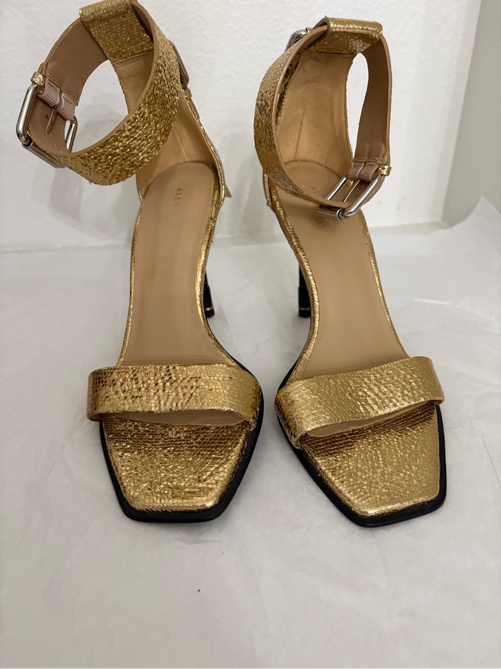All Saints Metallic Gold Pewter Leather
Ankle-Strap Heels Size 9